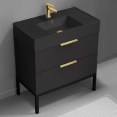 Black Bathroom Vanity, 32 inch, Modern, Matte Black, Free Standing, Gold Handles